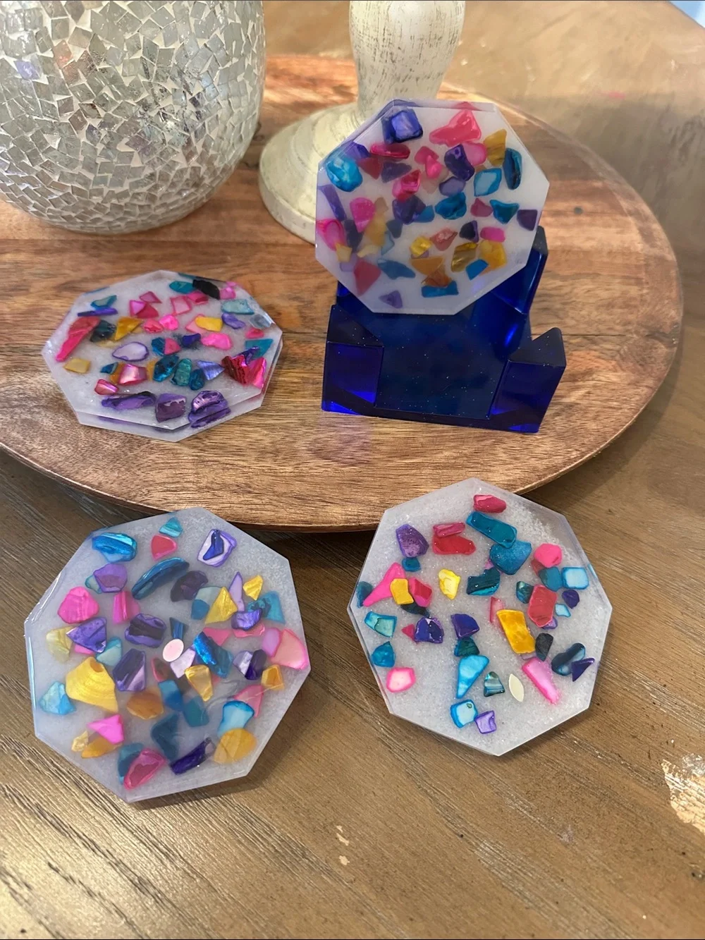 Colorful resin Mosaic Coasters with Blue Holder